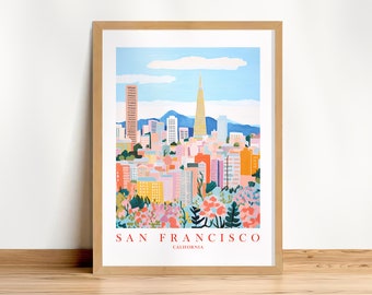San Francisco Poster Retro Pink Teal Orange Wall Art, City Skyline Print Travel California, Digital Printable