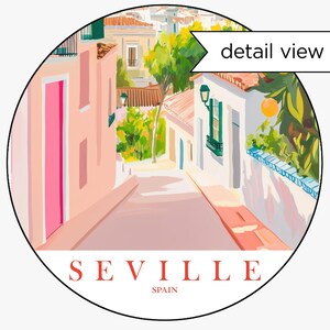 May include: A colorful illustration of a street scene in Seville, Spain. The street is lined with white buildings with pink accents and green trees. The text "detail view" and "SEVILLE SPAIN" is visible in the image.