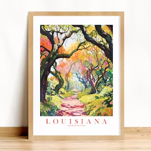 Louisiana Travel Poster, Pelican State Print Retro Pink Orange Teal Painting Live Oak Trees Landscape, Instant Download