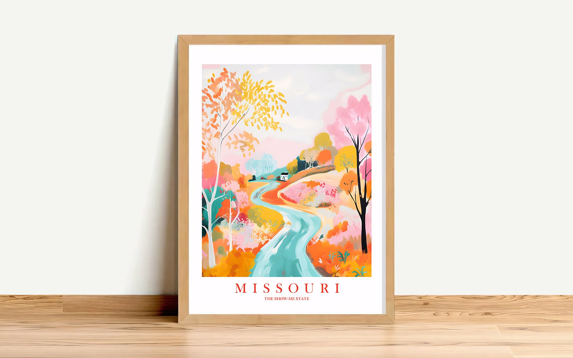 Missouri Pink Orange Retro Travel Poster Show Me State Print Motto Nickname Painted Scenery Landscape Dorm Kitchen Bedroom INSTANT DOWNLOAD