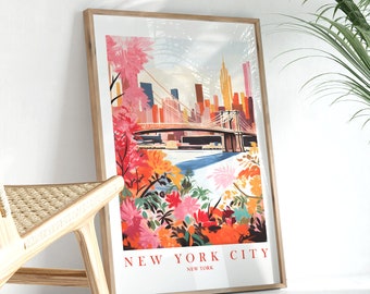 New York Travel Poster Brooklyn Bridge Wall Art Print NYC Retro Pink Orange Teal Landscape Painting, Digital Printable