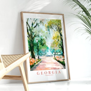 Impresión de viaje de Georgia, Peach State Souvenir GA verde azulado naranja rosa pared arte paisaje cartel retro, descarga instantánea