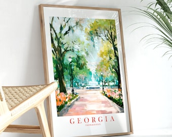 Georgia Travel Print, Peach State Souvenir GA Green Teal Orange Pink Wall Art Landscape Retro Poster, Instant Download