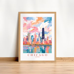 Chicago Reise Poster Stadt Skyline Wand Kunst Druck Chicago Retro Urlaub Gemälde, Instant Download