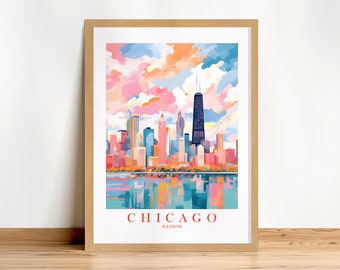 Chicago Travel Poster City Skyline Wall Art Print Illinois Retro Pink Orange Teal Vacation Painting, Instant Download