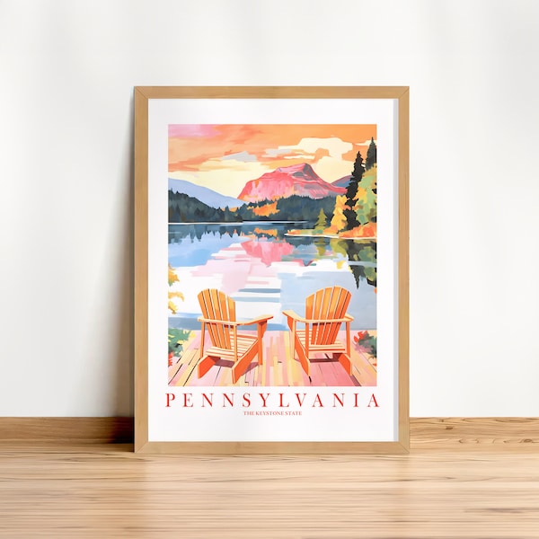 Pennsylvania Travel Poster Poconos Lake Wall Art Print Keystone State Retro Pink Orange Vacation Painting, Instant Download