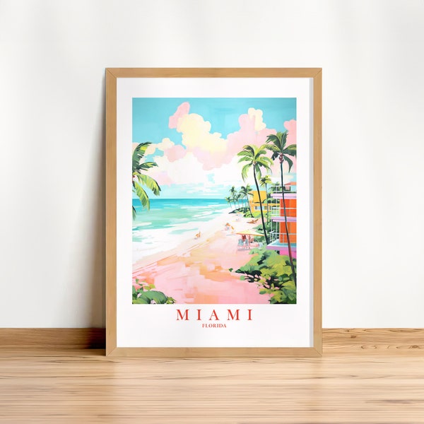Miami Florida Travel Poster Sunshine State Print Retro Pink Orange Teal Beach Painting Landscape Dorm Kitchen Bedroom Instant Download