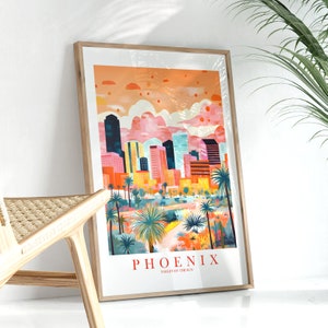Puede incluir: Una impresión enmarcada de una ilustración colorida del horizonte de Phoenix con palmeras y el texto "PHOENIX VALLEY OF THE SUN".