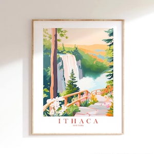 Ithaca Travel Poster, New York Print Green Pink Teal Picture NY Landscape Painting, Printable Wall Art