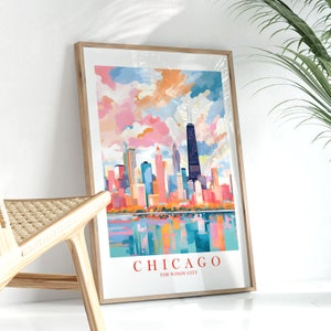 Cartel de viaje de Chicago Illinois pared arte impresión Windy City Skyline retro rosa naranja verde azulado pintura, descarga instantánea