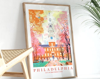 Philadelphia Travel Poster Pennsylvania Wall Art Print Philly Brotherly Love Retro Pink Orange Teal Landscape Painting, Instant Printable