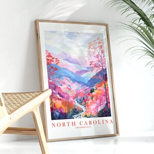 North Carolina Travel Poster Tarheel State Print Retro Pink Orange Blue Ridge Mountains Landscape Painting Dorm Bedroom Instant Download image 6