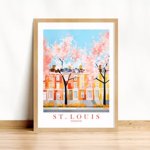 Poster di viaggio di St Louis, stampa artistica da parete di City Street Missouri MO Retro pittura di paesaggio rosa arancione verde acqua, download immediato