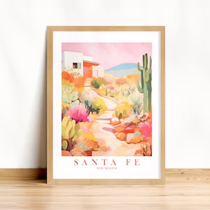 Santa Fe Poster New Mexico Wall Art NM State Retro Print Pink Orange Teal Watercolor Painting, Digital Download