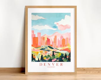 May include: A framed print of a colorful watercolor painting depicting the Denver skyline with mountains in the background. The text "DENVER COLORADO" is at the bottom of the print.