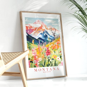 Montana Montañas Flores Cartel Impresión Estatal, Retro Rosa Naranja Teal Pintura Big Sky Country Dorm Camping RV Decoración, Descarga Instantánea