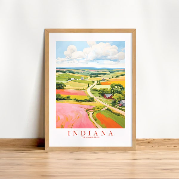 Indiana Retro Travel Poster Hoosier State Print Pink Orange Red Scenery Landscape Painting, Printable Download