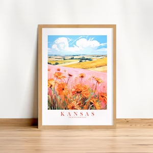 Kansas Retro Travel Poster Girasol Estado Impresión Lema Rosa Naranja Pintura Paisaje Floral Paisaje, Descarga Instantánea