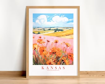 Kansas Retro Travel Poster Sunflower State Print Motto Pink Orange Painting Floral Scenery Landscape, Instant Download