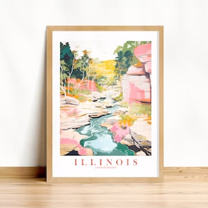 Illinois Travel Poster Land Of Lincoln State Print Pink Orange Retro Landscape Painting Scenery Landscape, Instant Download