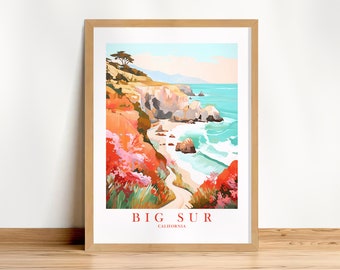 Big Sur California Travel Poster Pacific Coast Wall Art Print Northern CA Retro Pink Orange Turquoise Painting, Instant Download