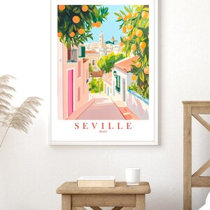 May include: A colorful illustration of a street scene in Seville, Spain. The street is lined with buildings and orange trees. The text "SEVILLE SPAIN" is at the bottom of the image.
