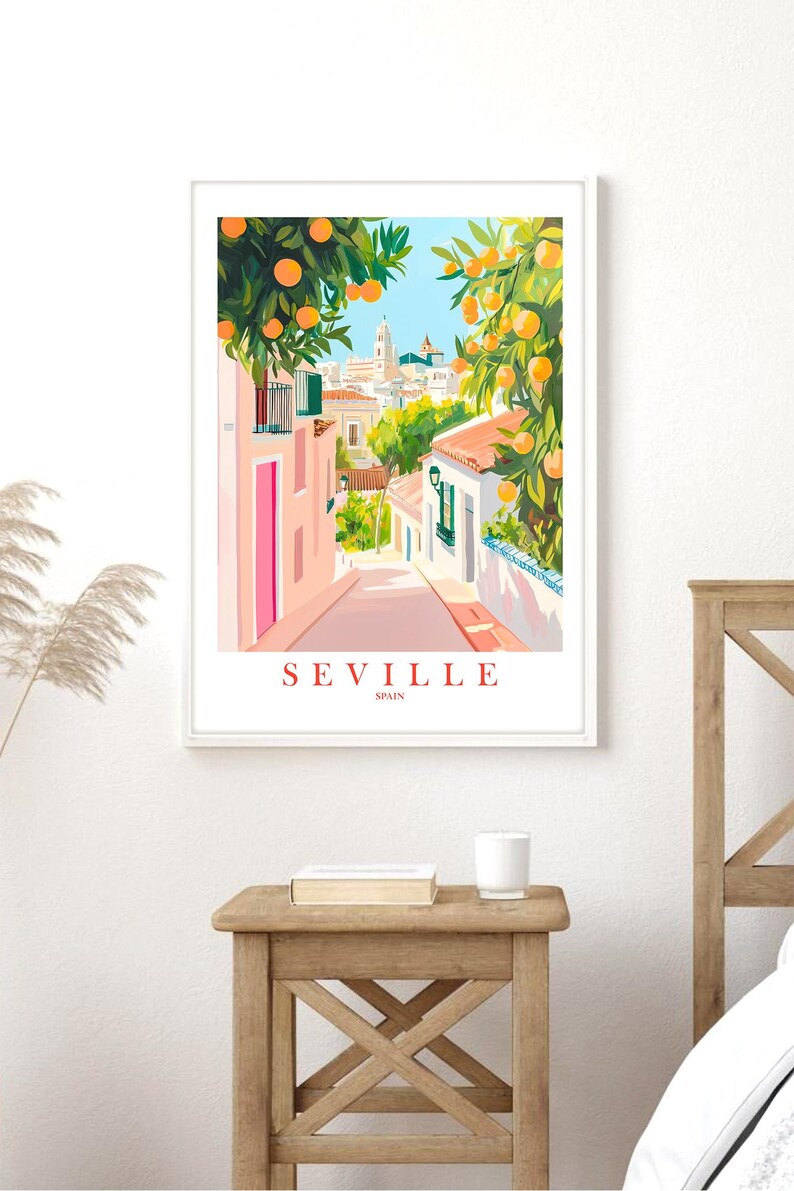 May include: A colorful illustration of a street scene in Seville, Spain. The street is lined with buildings and orange trees. The text "SEVILLE SPAIN" is at the bottom of the image.