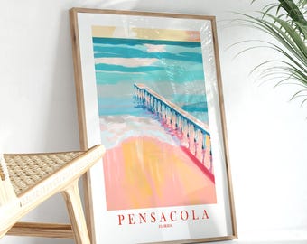 May include: A colorful painting of a pier extending out into the ocean. The water is a vibrant turquoise blue, and the sand is a soft pink. The text "PENSACOLA FLORIDA" is at the bottom of the painting.