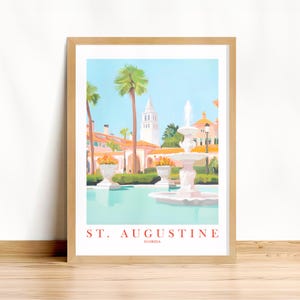 Könnte beinhalten: Eine farbenfrohe Illustration eines Brunnens vor einem Gebäude mit einem Turm. Der Text "ST. AUGUSTINE FLORIDA" befindet sich am unteren Rand des Bildes.
