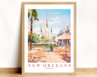 May include: A colorful illustration of a street scene in New Orleans, Louisiana. The image features a pink and white church building, palm trees, and a cafe with tables and chairs. The text "NEW ORLEANS" and "LOUISIANA" is printed below the image.