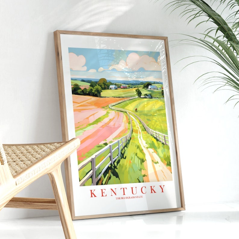Kentucky Travel Poster, Bluegrass State Pink Green Retro Print Landscape Painting Horses Scenery, Instant Download image 4