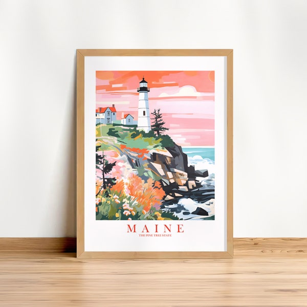 Maine Pink Orange Retro Travel Poster Pine Tree State Print Motto Nickname Painting Lighthouse Scenery Landscape, Instant Download