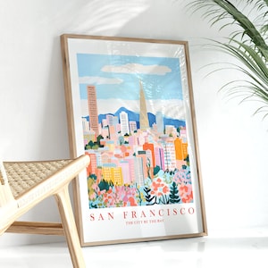San Francisco Reiseposter, Retro Pink Teal Orange Print, Stadt Skyline Bild, Stadt By The Bay Wandkunst, sofort druckbar