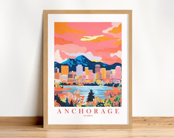 Anchorage Travel Poster Alaska Wall Art Print City Skyline Retro Pink Orange Blue Vacation Painting, Digital Printable