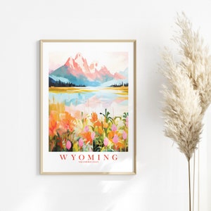 Wyoming Retro Travel Poster Cowboy State Pink Orange Print Grand Tetons National Park Painting Mountains Wall Art, Instant Download image 5