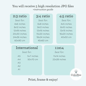 May include: A light blue and white graphic with text that reads "You will receive 5 high resolution JPG files + instruction guide". The graphic shows different aspect ratios for images, including 2:3, 3:4, 4:5, International, and 11x14. The graphic also includes the text "Print, frame & enjoy!" and a logo for ColorBee creative design.
