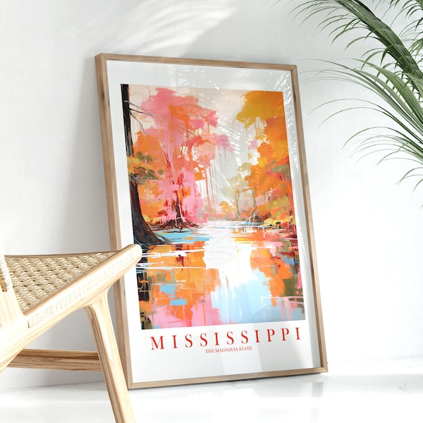 Mississippi Travel Poster, Magnolia State Print Retro Pink Orange Teal Landscape Painting for Dorm Kitchen Bedroom, Instant Download