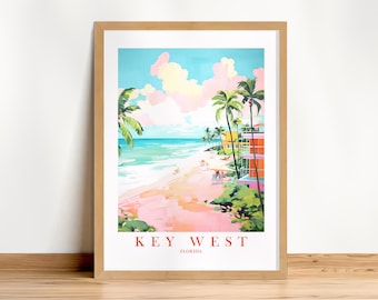 Key West Florida Travel Poster Print Retro Pink Orange Teal Beach Painting Colorful Landscape Dorm Kitchen Bedroom, Instant Download