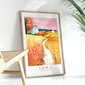 Iowa Travel Poster Hawkeye State Print Retro Pink Orange Teal Painting Corn Fields Landscape Dorm Kitchen Bedroom Instant Download