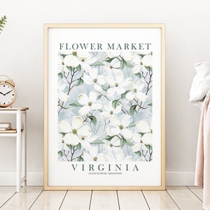 Virginia State Flower Dogwood Print Ivory Green Blue Floral Wildflower Wall Art VA Flower Market Poster Instant Download image 1