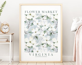 Virginia State Flower Dogwood Print Ivory Green Blue Floral Wildflower Wall Art VA Flower Market Poster Instant Download