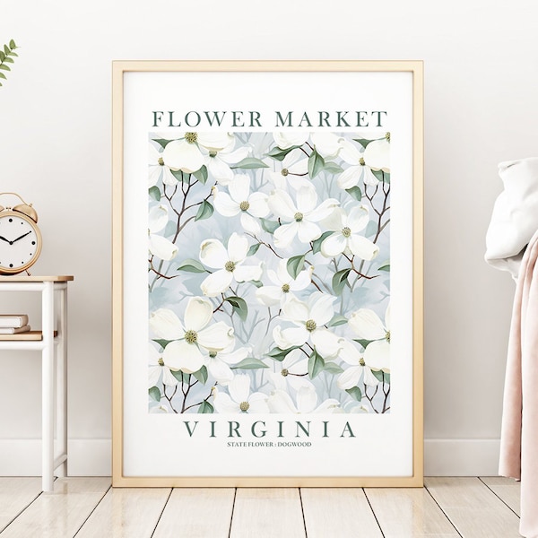 Impresión de cornejo, flor del estado de Virginia, arte de pared floral de flores silvestres en tonos marfil, verde y azul, póster del mercado de flores de Virginia, descarga instantánea