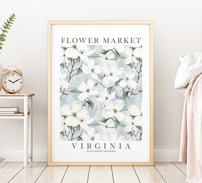 Virginia State Flower Dogwood Print Ivory Green Blue Floral Wildflower Wall Art VA Flower Market Poster Instant Download image 1