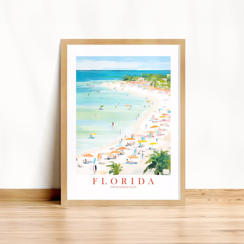 Florida Travel Poster Sunshine State Print Retro Pink Orange Teal Beach Landscape Painting Dorm Kitchen Bedroom Instant Download image 1