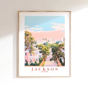 Jackson Travel Print, Mississippi Gift For Student Pink Green Wall Art Cityscape Landscape Poster JXN MS, Printable Wall Art