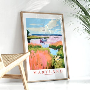 Cartel de viaje de Maryland, The Old Line State Print Retro Pink Orange Teal Painting MD Paisaje, Descarga instantánea