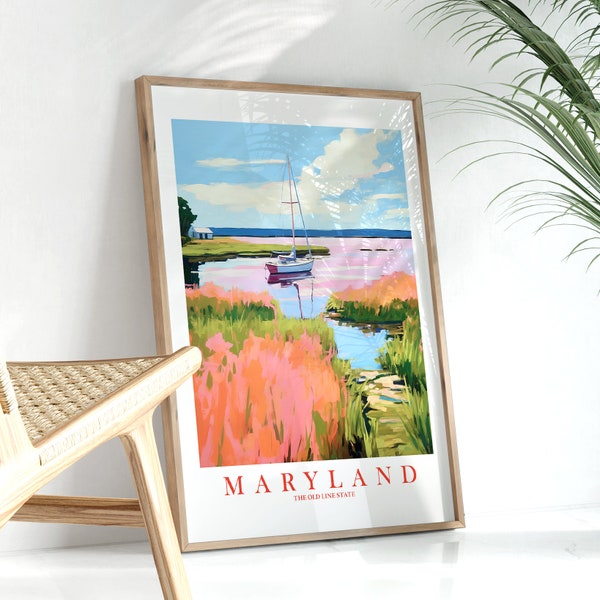 Maryland Travel Poster, The Old Line State Print Retro Pink Orange Teal Painting MD Landscape, Instant Download