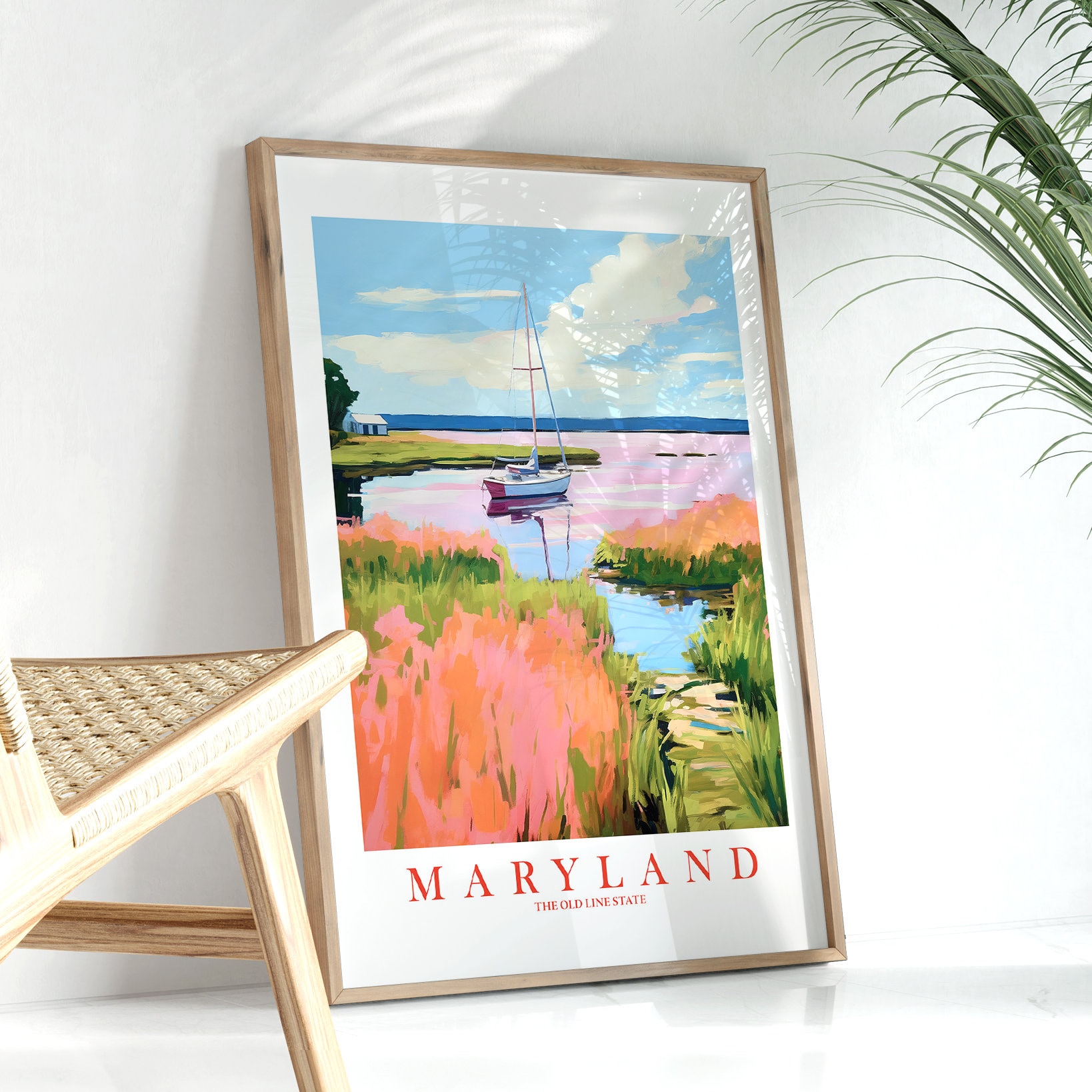 Cartel de viaje de Maryland, The Old Line State Print Retro Pink Orange Teal Painting MD Paisaje, Descarga instantánea