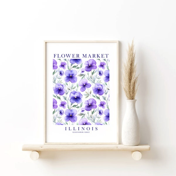 Illinois Violet State Flower Market Bedroom Wall Art Purple Kitchen Floral Bathroom Print Gift for Her IL Travel Poster, DOWNLOAD