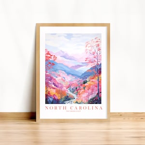 Cartel de viaje de Carolina del Norte Tarheel State Print Retro Pink Orange Blue Ridge Mountains Paisaje Pintura Dormitorio Dormitorio Descarga instantánea